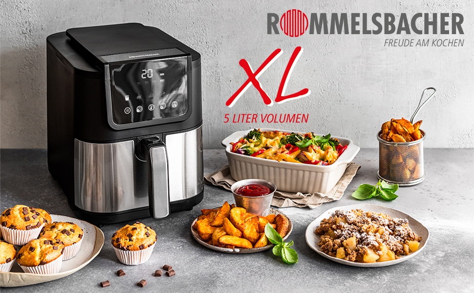 Фритюрниця ROMMELSBACHER FRH 1500, пекарна камера XL 5 літрів (приблизно 18 x 26 см) для картоплі фрі 800 г, дуже тиха робота 46 дБ, 5 програм 4 рівні температури, компактний прямокутний дизайн