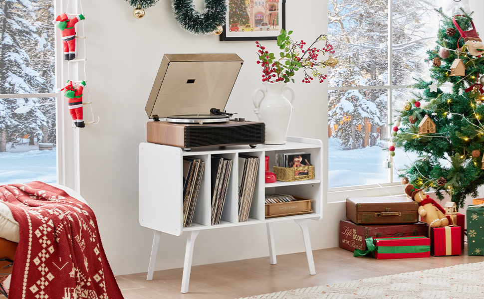 Підставка для програвача LELELINKY з 4 полицями для 220 альбомів, міцна дерев'яна конструкція, стіл Mid-Century, біла полиця для зберігання вінілу