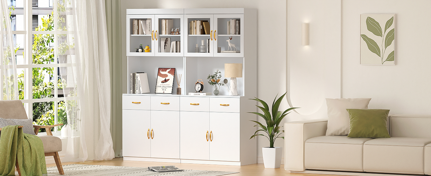 Кухонна шафа VOWNER з робочою поверхнею, буфет на 4 дверцята, шафа-вітрина, буфет з регульованими полицями, 80 x 40 x 180 см, для кухні, вітальні, офісу, їдальні (білий)