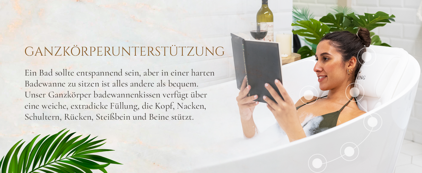 Подушка для ванни для всього тіла (125x43 см) - килимок для ванни з підголовником для підтримки шиї, спини та ніг - з мішком для прання та подорожей та гачком для швидкого сушіння - (Білий)