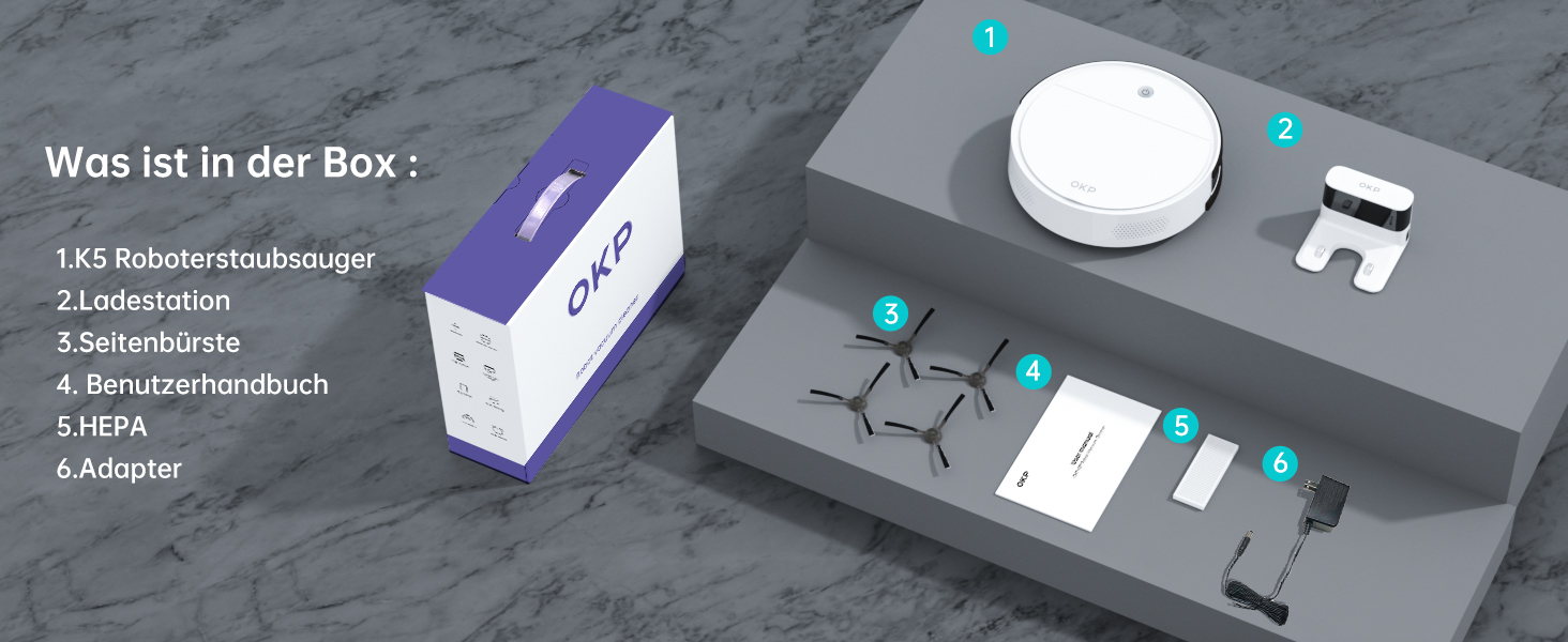 Робот-пилосос OKP K5 з потужністю 5000Pa, навігацією, HEPA-фільтром, Wi-Fi, для тварин, килимів та твердих підлог