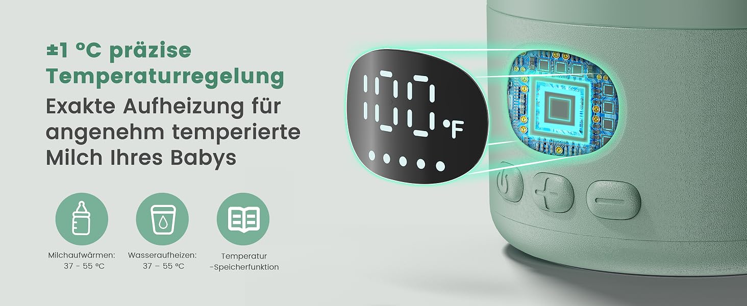 Портативний підігрівач для дитячих пляшечок 100W, бездротовий USB-C, сталь 316L, 500 мл, BPA-free, світло-зелений