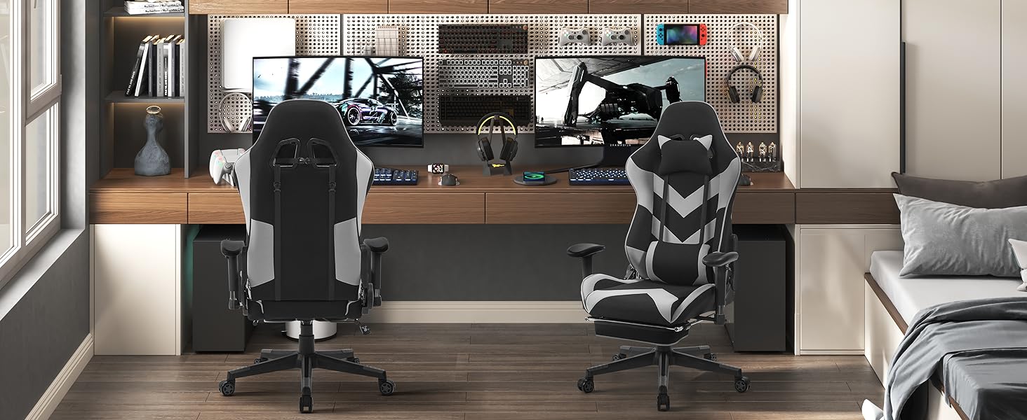 Крісло ігрове WOLTU з тканини, дихаюче, для літа, ергономічне, з підтримкою попереку, для геймерів, racing, PC, з функцією гойдання та підніжкою, для стрімінгу, чорно-сіре, тканинне