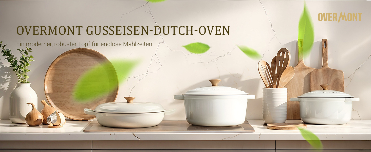 Чавунна каструля-гульяш Overmont з емалевим покриттям, 26 см, 5.2 л, перламутрово-біла, з кришкою та кулінарною книгою, підходить для духовки