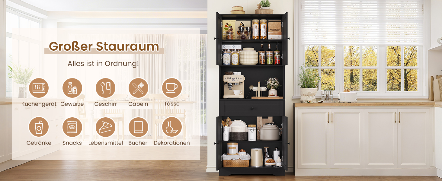 Кухонна шафа-буфет FOREHILL 180 см з робочою поверхнею, висока шафа для кухні (чорна)