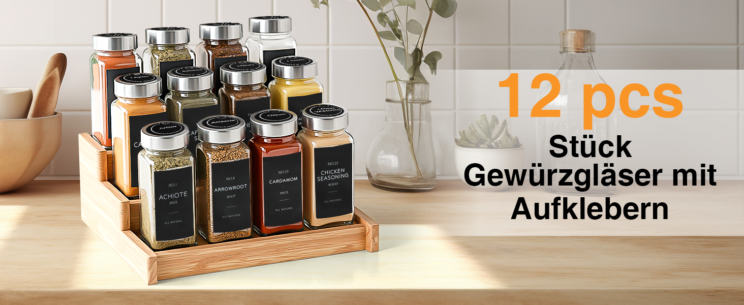 Набір спецій 12 шт. 120мл, скляні контейнери для спецій з нержавіючою кришкою, з воронкою та етикетками, для організації спецій