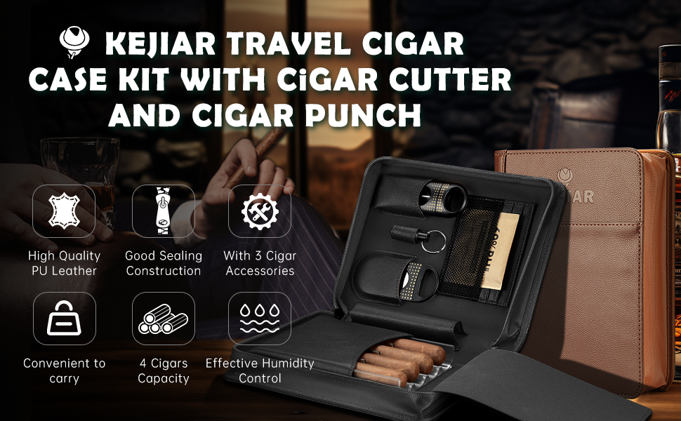 KEJIAR: Набір для зберігання сигар - Humidor з різаком, пуншем та зволожувачами, коричневий