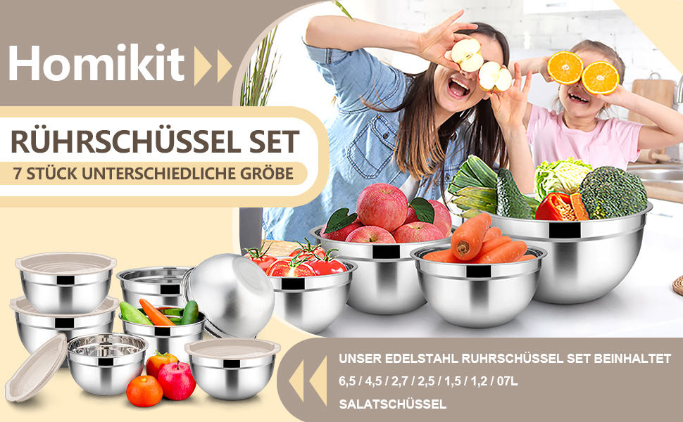Набір місок Homikit з нержавіючої сталі, 6 штук, з кришкою, для приготування, випікання та сервірування, 6.5/4.5/2/2.5/1.5/1.2 л (Хакі, 7)