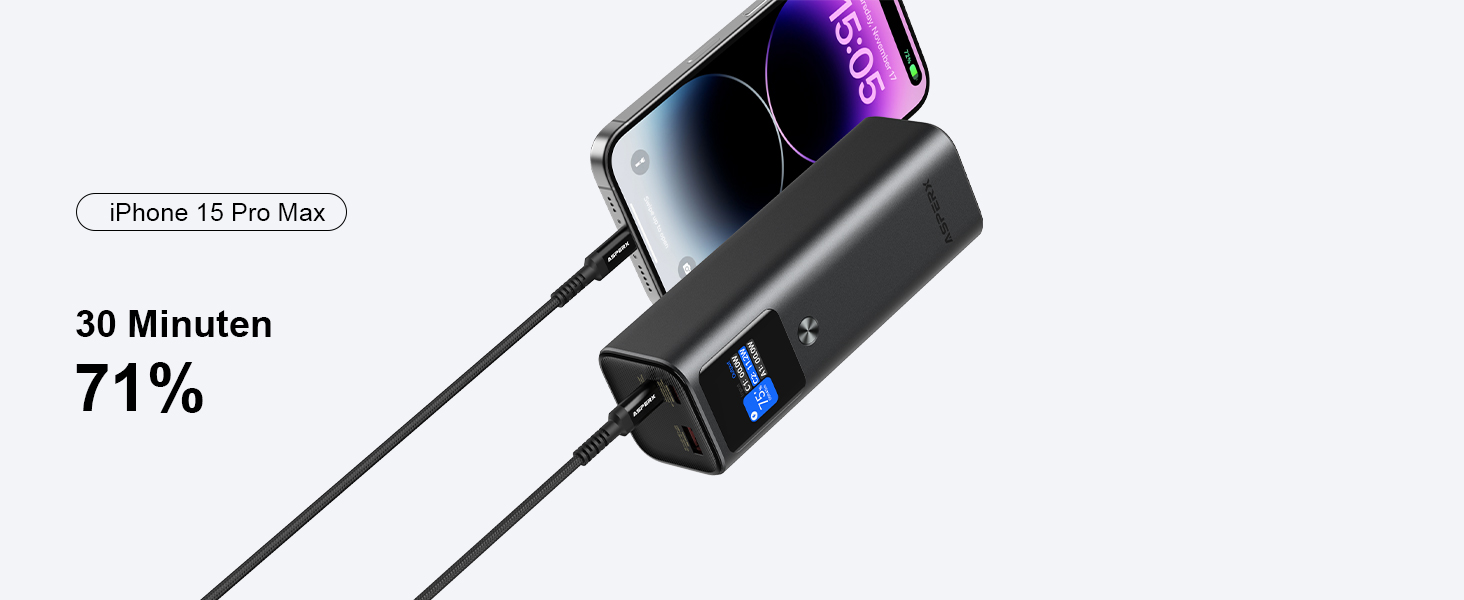 Power Bank AsperX 20000mAh, 165W, 2x USB-C 100W, Алюмінієвий Корпус, Вбудований Кабель 60см, TFT-Дисплей, для iPhone, MacBook, Samsung