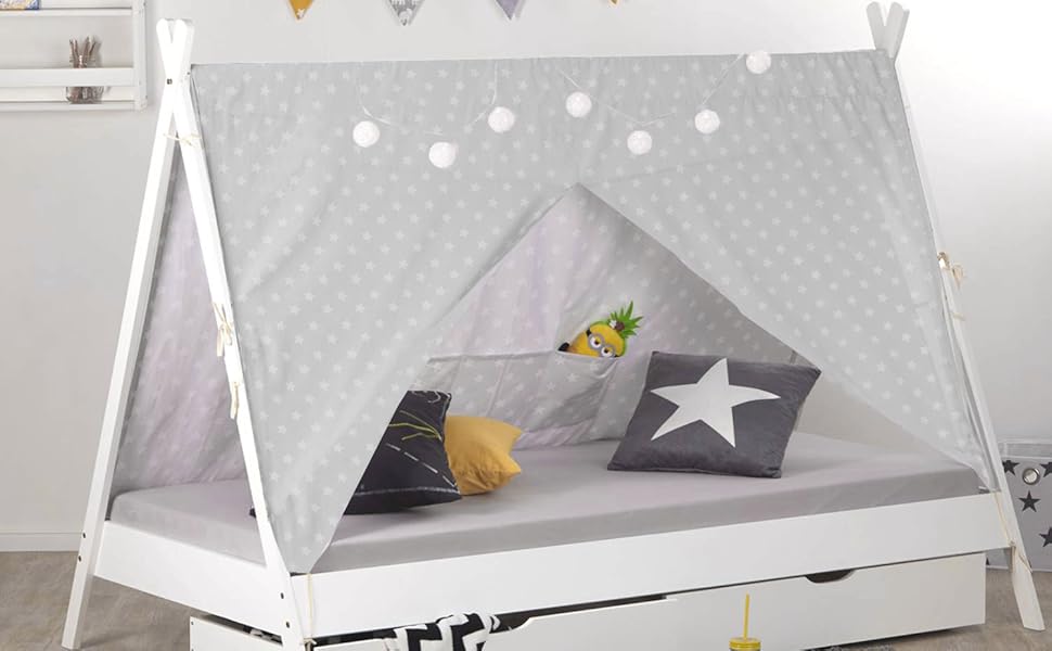 Дитяче ліжко Homestyle4u Tipi 90x200 см з ящиками, біле, з наметом, зірки, з дерева (сосна)