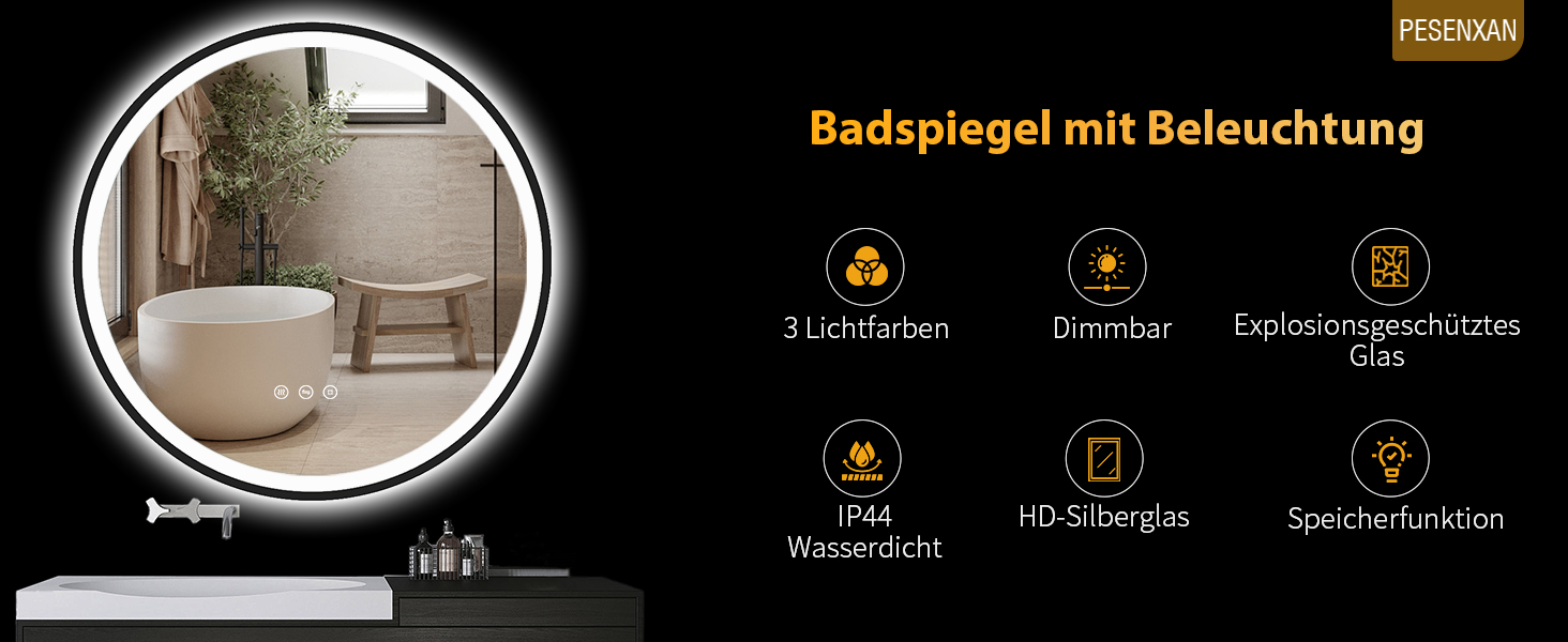 Круглий дзеркало PESENXAN 70см з чорною рамою та підсвічуванням - антизапарник, з регулюванням яскравості, 3 кольори світла, LED, енергозберігаючий, сенсорне управління та функція пам'яті - чорний (антизапарник, 3 кольори світла, регулювання яскравості, 80x80 см)