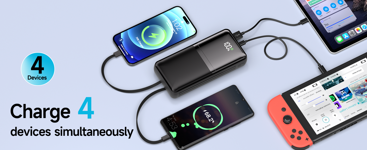 Входи, 4 виходи, компактний для смартфонів/планшетів, 27000mAh, QC 22.5W & USB-C PD 20W, 2