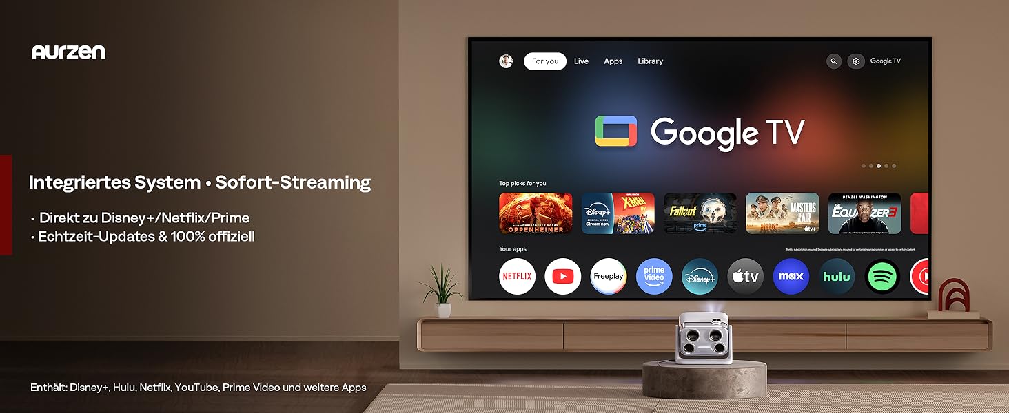 Aurzen Boom Mini 4-в-1 Smart Beamer з Google TV, 4K, проєктор для дому та на вулицю, 20W Dolby Audio, 500 ANSI, автофокус ToF, корекція трапеції, Wi-Fi/Bluetooth, сумісність з мобільним телефоном (сірий)