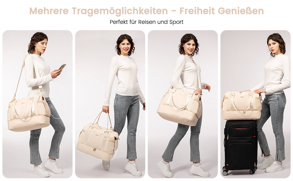 Спортивна сумка Lovevook для подорожей: жіноча дорожня сумка-шопер, сумка для вихідних з косметичкою, відділенням для взуття та мокрих речей, водонепроникна, 37л, бежева