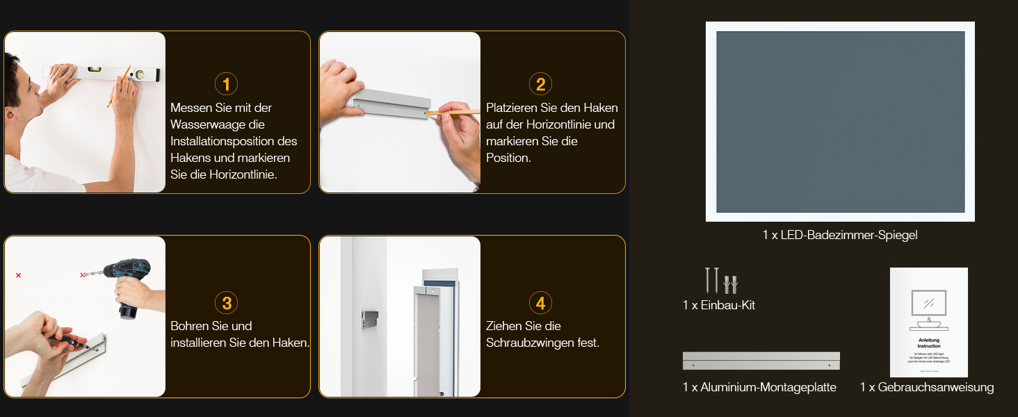 Дзеркало для ванної кімнати з підсвічуванням LED, антизапар, 2 кольори світла (3000K/6500K), нахильний вимикач, прямокутне, 45x60 см