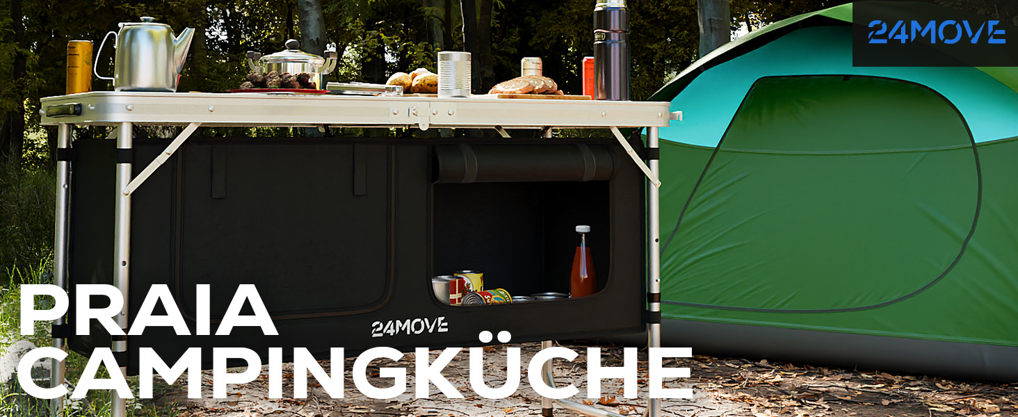 Складана туристична кухня 24MOVE® з регульованою висотою, з робочою поверхнею та відсіками для зберігання, чорна