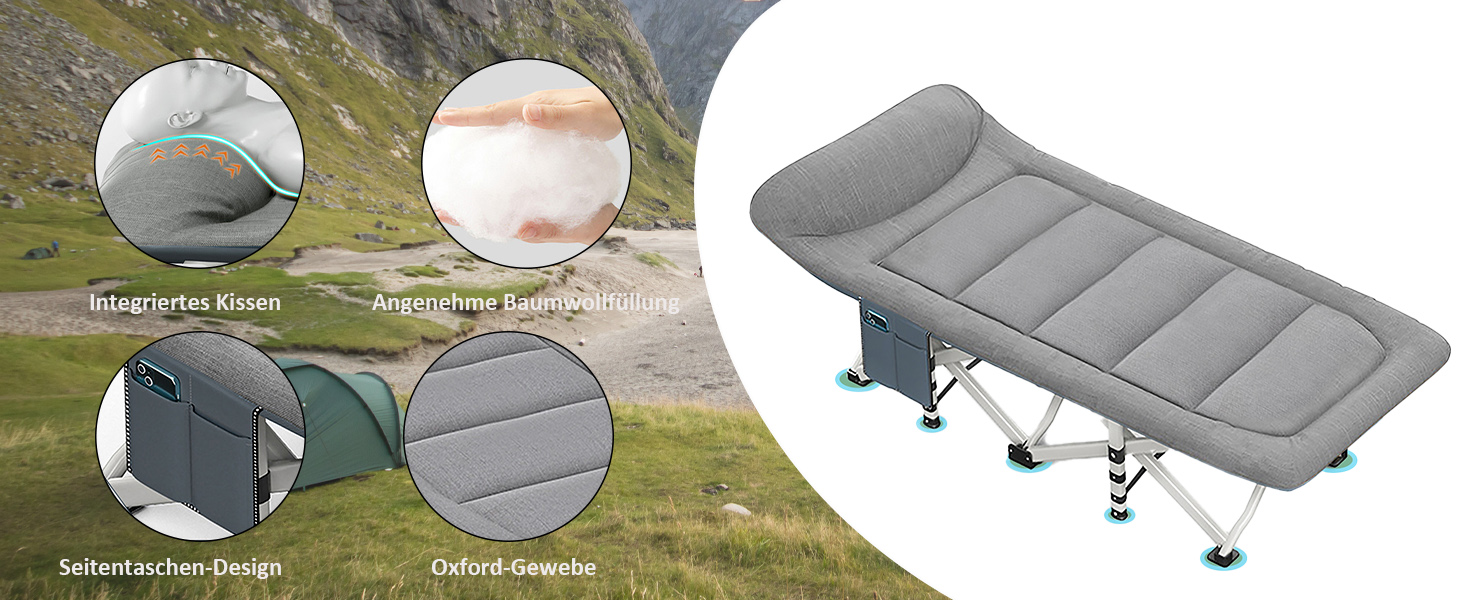 Розкладне кемпінгове ліжко CALIYO з матрацом, 200x80x40 см, витримує до 200 кг, сталевий каркас, тканина Оксфорд, сіре (з сумкою для зберігання)