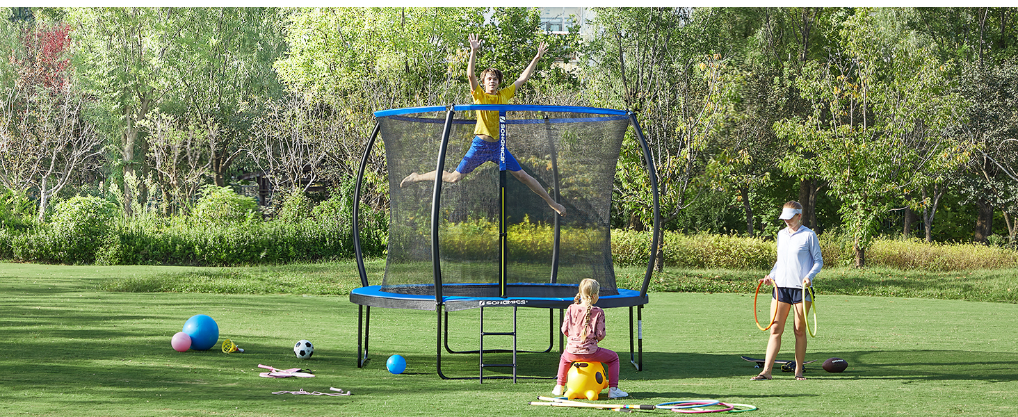 Батут SONGMICS садовий Ø305 см з захисною сіткою, драбиною, м'якими стійками, чорно-синій