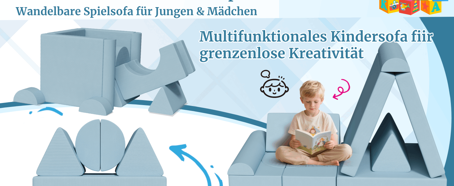 Дитяче ігрове диван-конструктор MAMIZO Cord, 15 елементів, блакитний. Модульний диван для гри та відпочинку, сертифікат Oeko-Tex