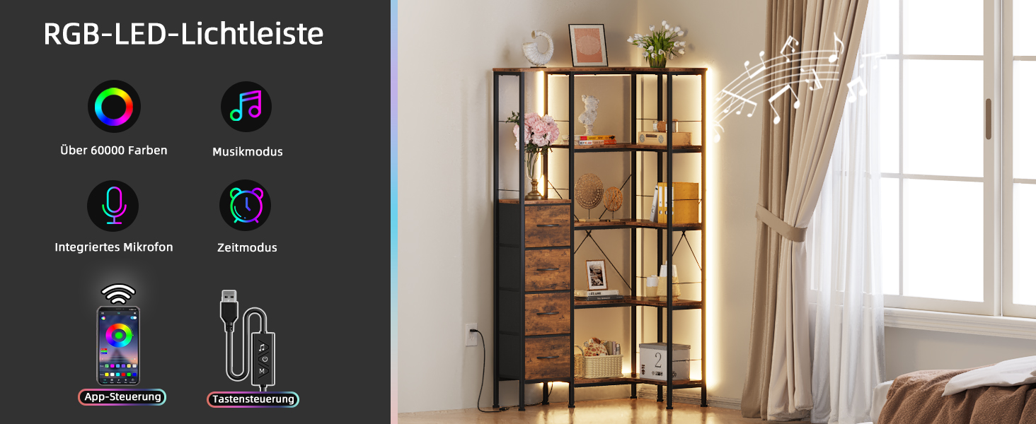 Кутовий стелаж OYRREU з 5 ярусами, LED-підсвічуванням та 4 висувними ящиками. Підходить для вітальні, спальні, офісу, кухні. Вінтажний коричневий колір.