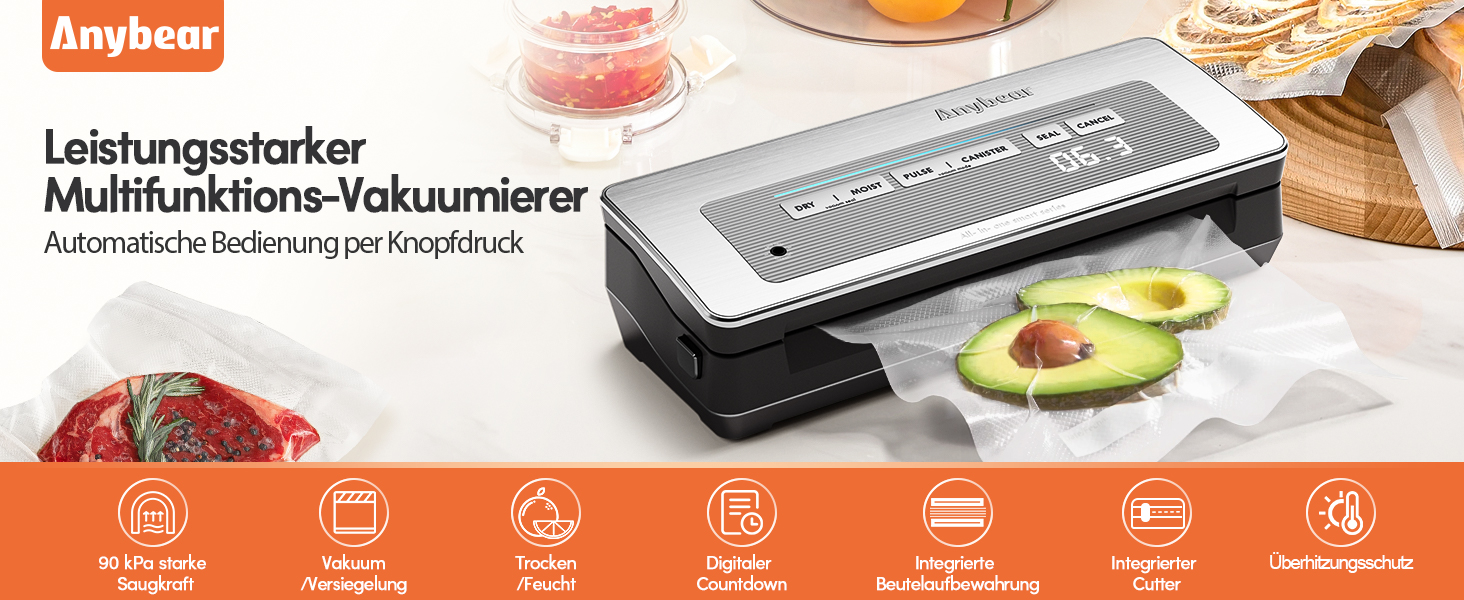 Вакууматор для продуктів сріблястий, 100 Вт, 90 кПа, з вбудованим різачем та цифровим таймером, комплект з 2 рулонами