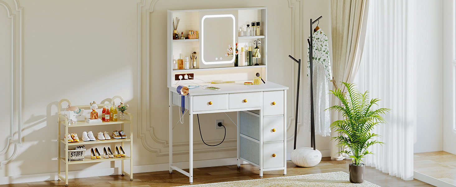 Дзеркальний туалетний столик ODK з регульованим LED-дзеркалом, USB-роз'ємами та RGB-підсвіткою, 5 висувними ящиками та 3 полицями, білий, 90×40×139 см