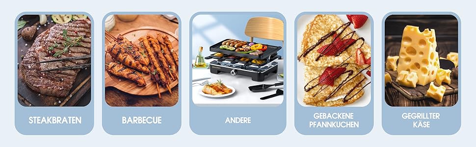 Електричний гриль для раклет Muchen на 8 осіб з антипригарним покриттям, 1200W, 8 сковородок та 8 скребків