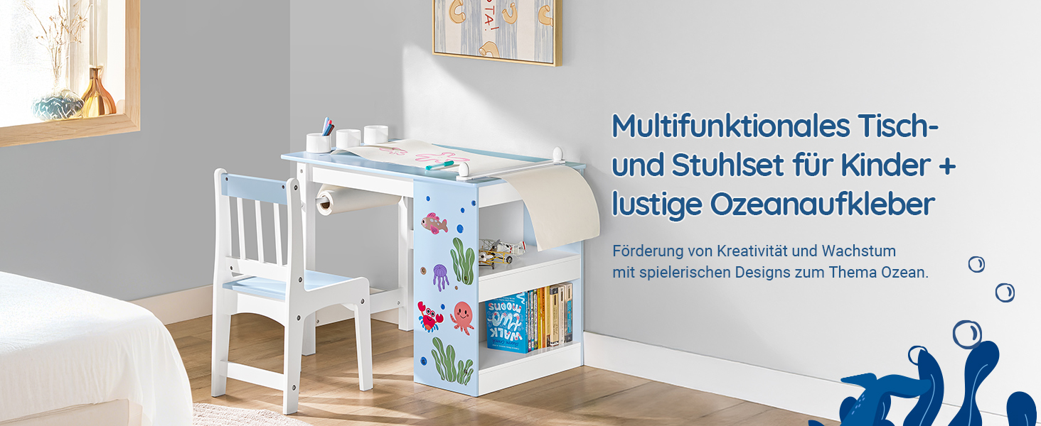 Дитячий стіл SoBuy з табуретом, комплект меблів для дитячої кімнати, ігровий та мальовий стіл для дітей, блакитний, 80x66x50 см, KMB60-B