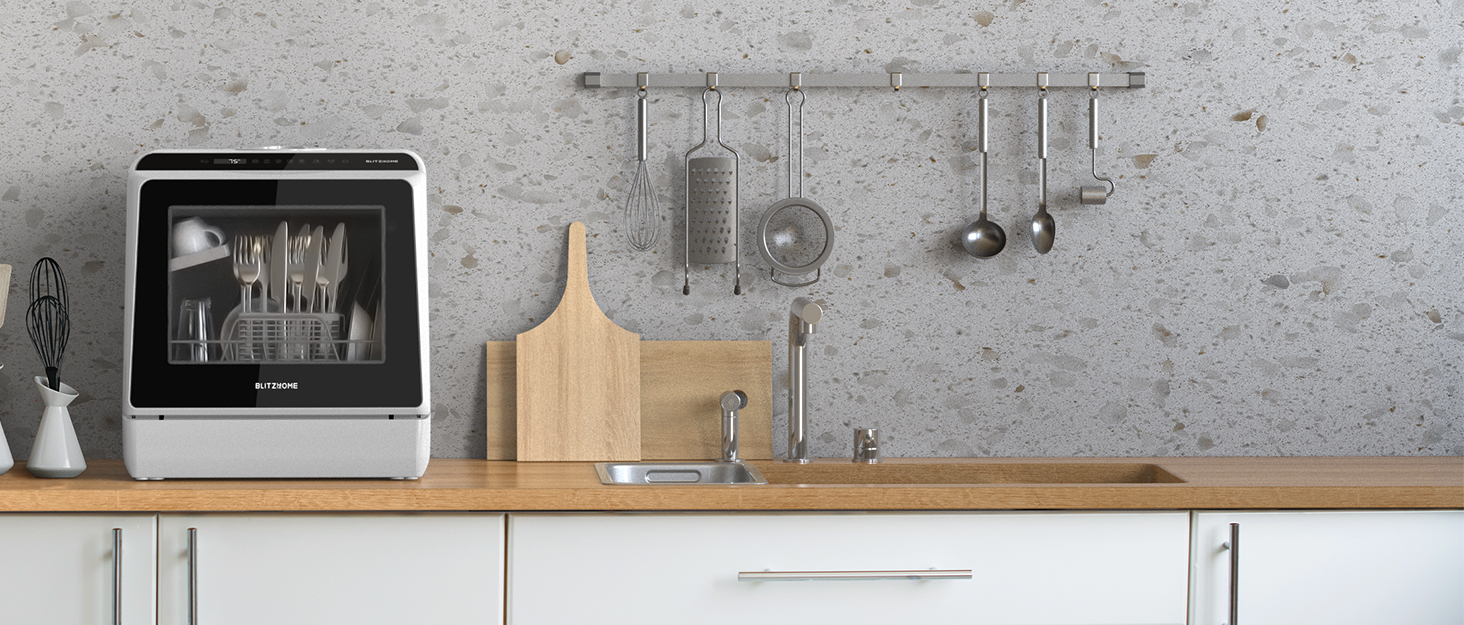 BLITZHOME Міні посудомийна машина з керуванням через додаток, 6 програм, портативна, 5л бак, з/без підключення до води, функція сушіння, для кемпінгу