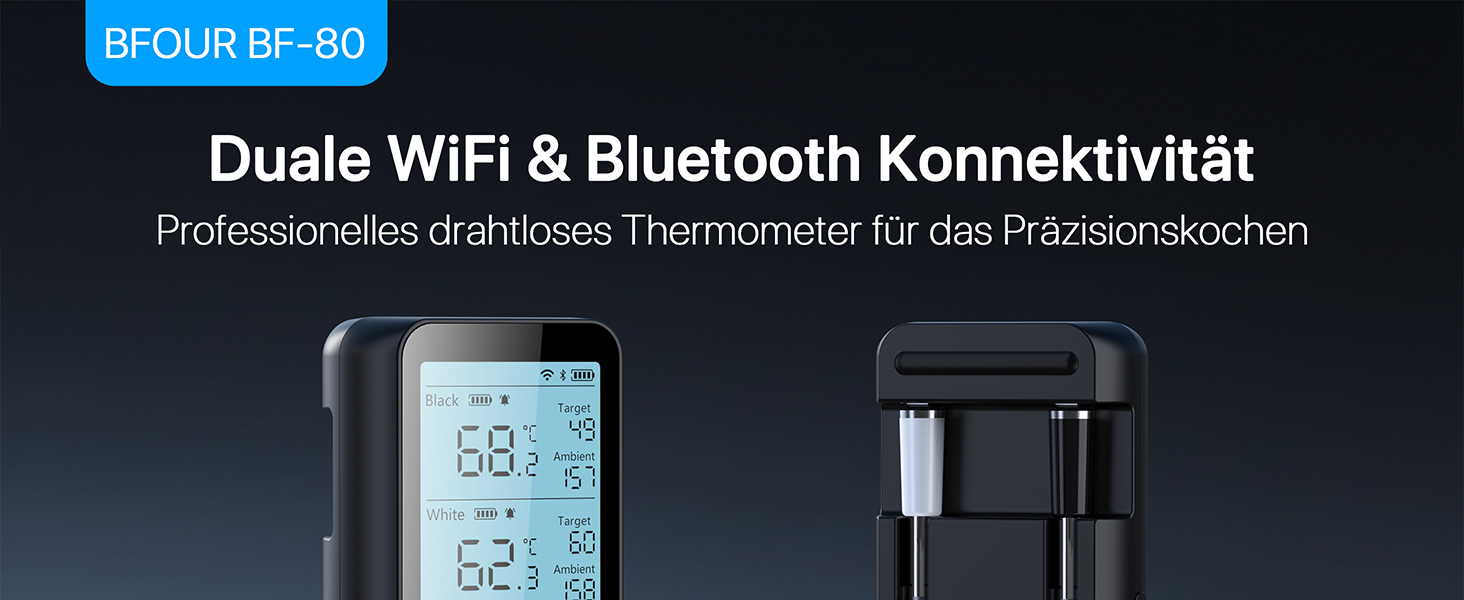 Бездротовий термометр для м'яса з Bluetooth та Wi-Fi, 2 зонди, 6 сенсорів, водонепроникний, точність ±0,1°C, для гриля, духовки, жарки – BF-80
