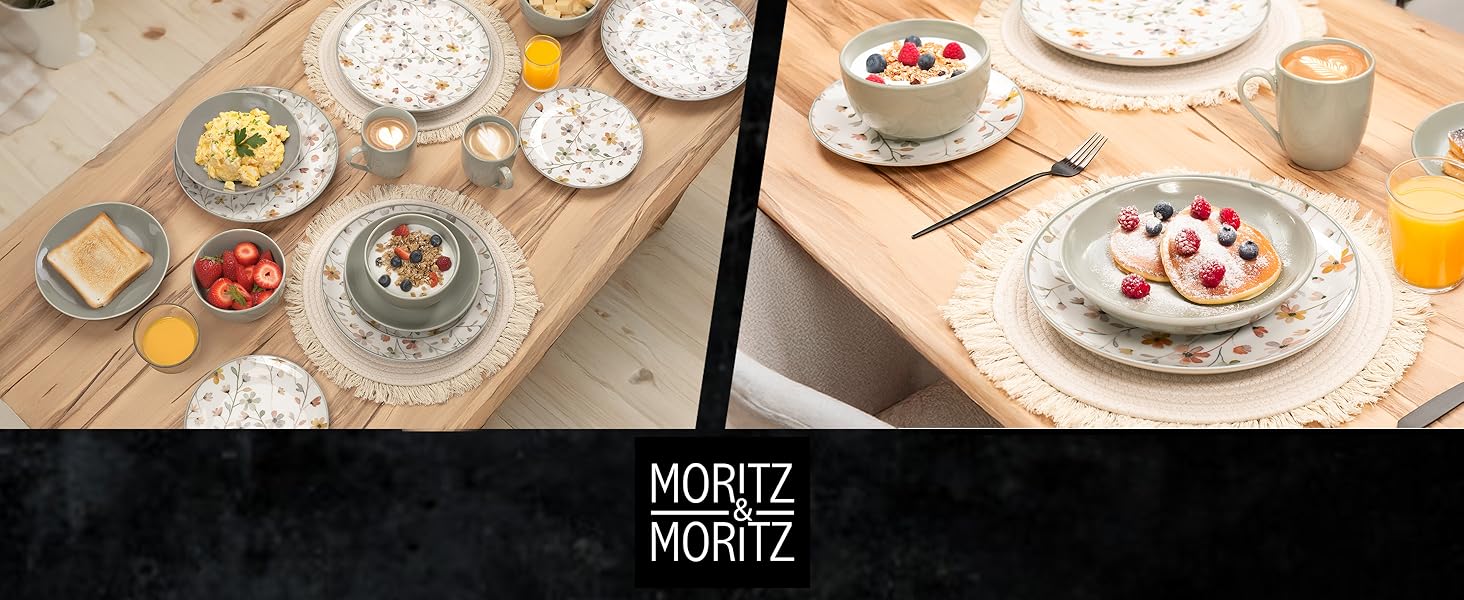Набір посуду Moritz & Moritz PRIMAVERA з кераміки на 6 осіб (24 шт.) - сучасний сервіз з ігровим дизайном, легкий у догляді, включає тарілки, чашки та миски