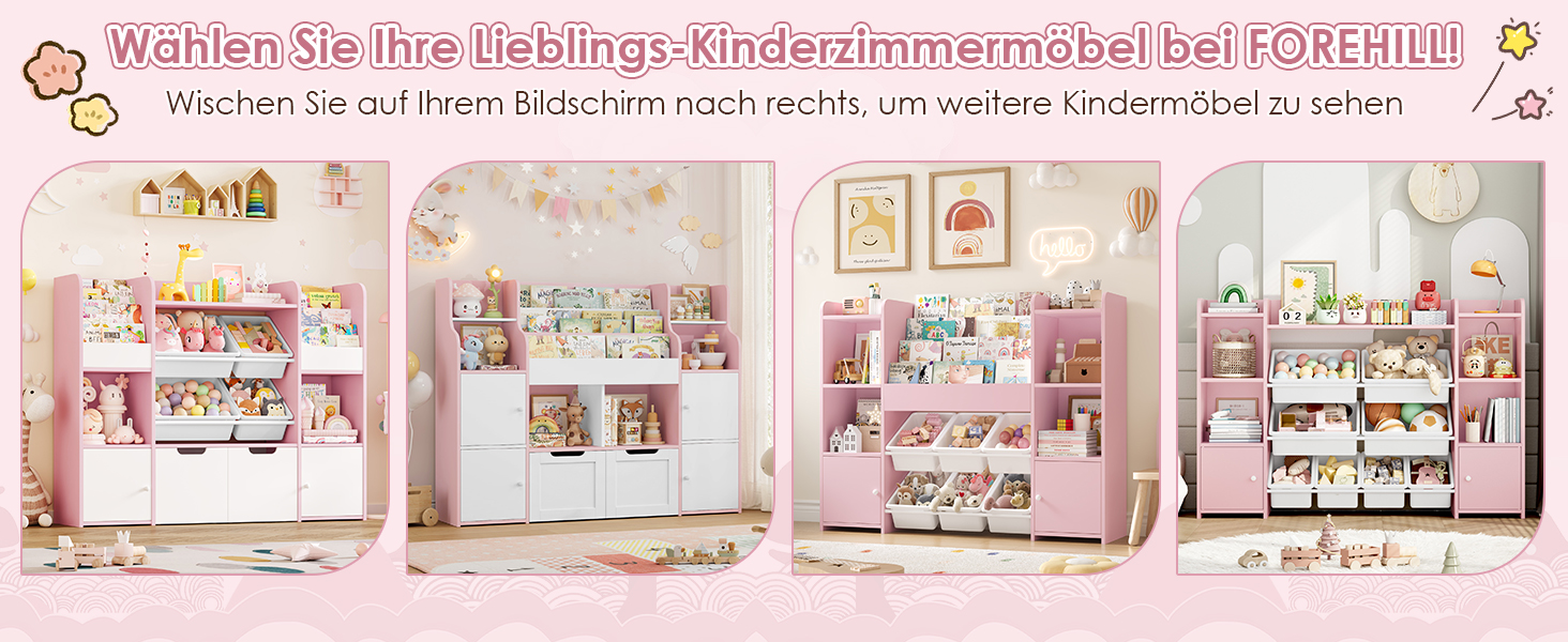 FOREHILL Дитяча полиця для іграшок та книг, стелаж для дитячої кімнати з 4 ящиками, рожевий (126x30x104 см)