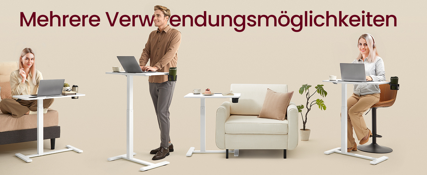 Столик приставний VASAGLE на колесах, мобільний, 70x40 см, регульована висота, 2 тримачі для напоїв, слот для телефону/планшету, білий (LSD600W01)