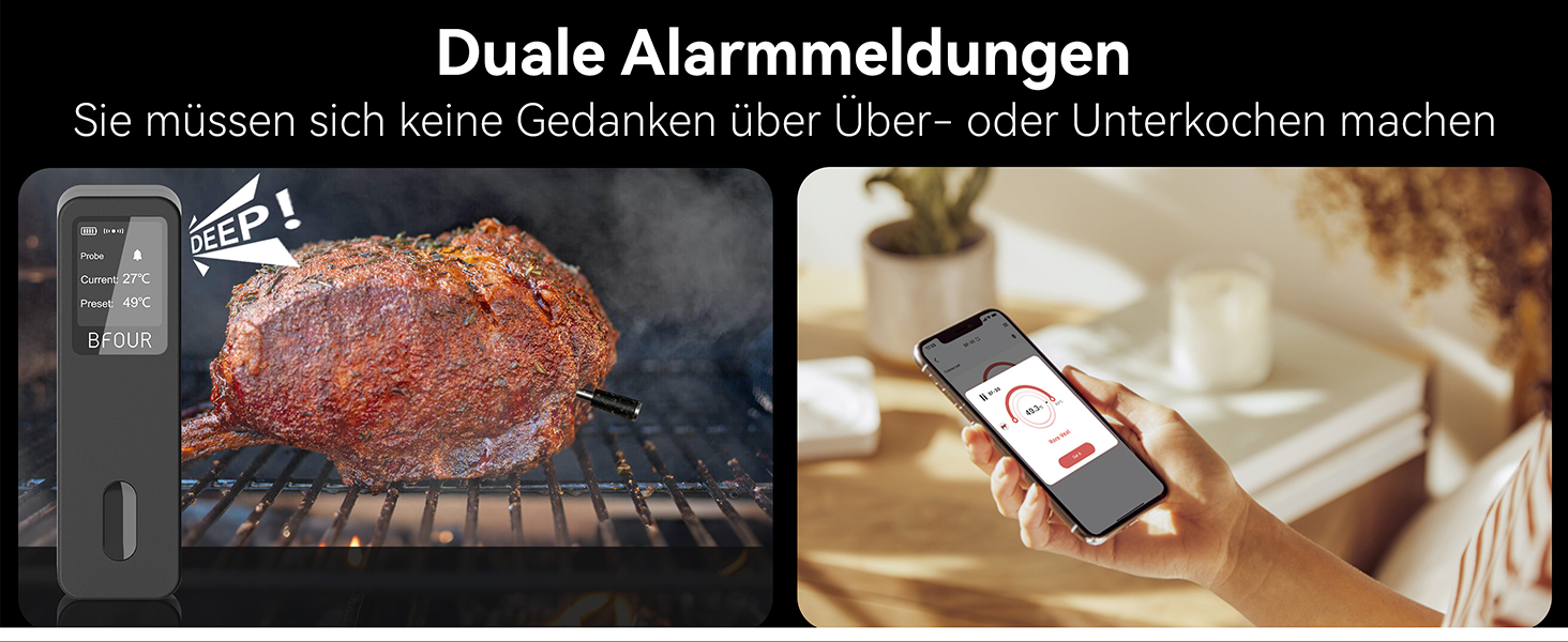 Термометр для м'яса BFOUR BF-30 PRO: бездротовий Bluetooth термометр для гриля з підключенням до додатку, LCD-дисплей, IP67 водонепроникний, для BBQ, духовки, гриля, кухні (чорний)