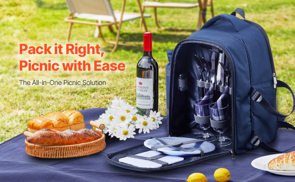 Рюкзак для пікніка VEVOR (20 л) на 2 особи з ізольованим відділенням, тримачем для пляшок/вина, ковдрою та набором посуду для пікніків, походів та кемпінгу, темно-синій