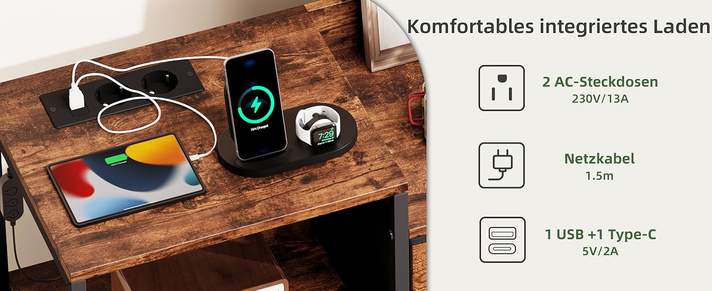 Комод Somdot для спальні, вітальні, передпокою з висувними ящиками, LED-підсвічуванням та розеткою (2 AC, 1 USB, 1 Type-C), 5 тканинних ящиків, білий, 29T x 66,5B x 70,5H см (декор під дерево, 29T x 99B x 70.5H см (8 ящиків))