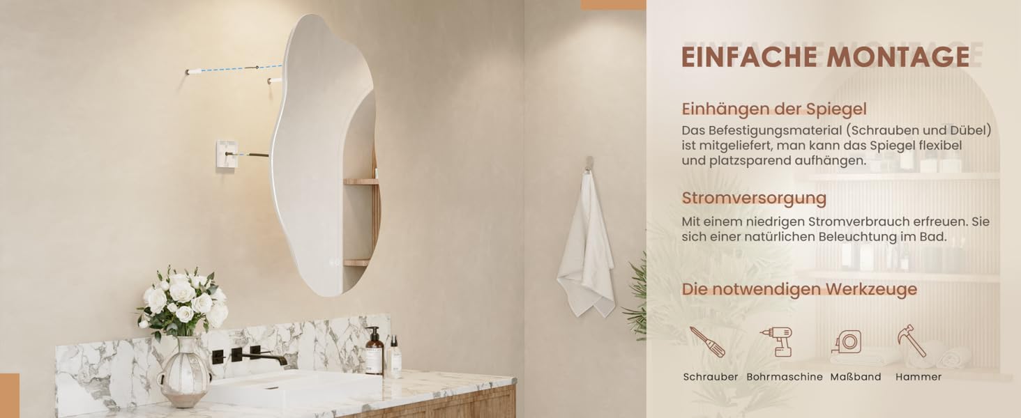 Дзеркало для ванної кімнати Dripex LED з підсвічуванням, сенсорне керування, регулювання яскравості, 3 кольори світла, без запотівання, асиметричне, 85x52 см