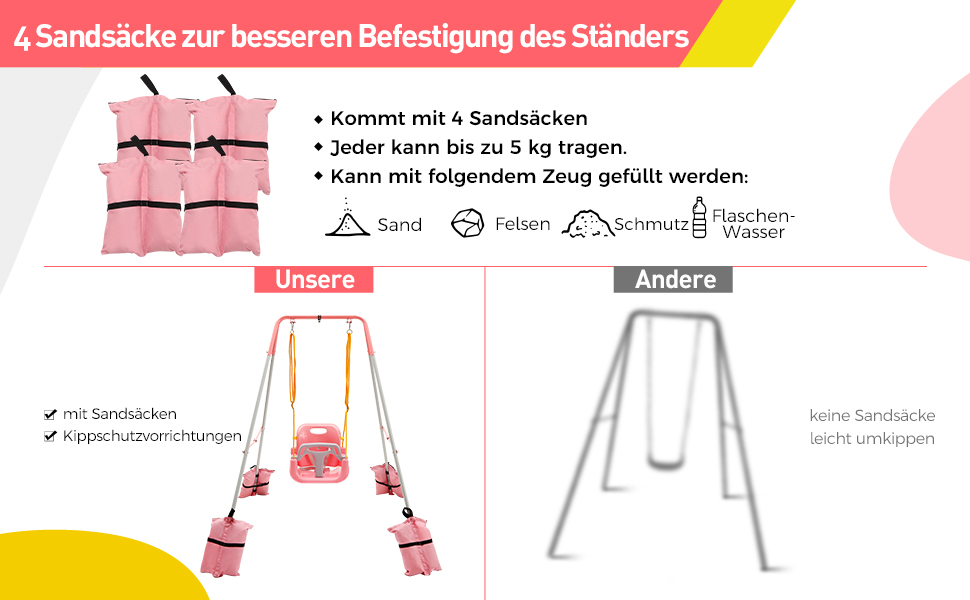FUNLIO Набір гойдалок 2-в-1 та дверний хопер для малюків, гойдалка для дітей з 4 мішками з піском, складаний металевий стійкий каркас для використання в приміщенні та на вулиці, легко збирається та зберігається - (Рожевий)