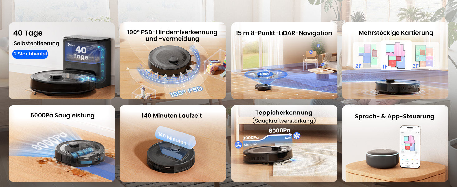 Робот-пилосос LEFANT M2 Plus з картографією, лазерною навігацією, 6000Pa, WiFi/App/Alexa, чорний