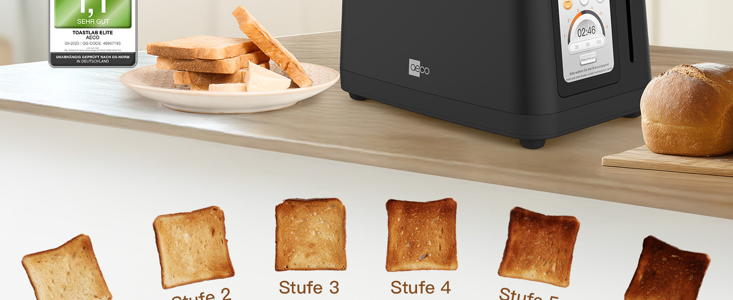 Тостер aeco toastlab Elite 2-слотовий з підставкою для булочок, широкі слоти, 6 рівнів підсмажування, 10 програм, 850W, LCD-дисплей, функція підняття, розморожування, піддон для крихт