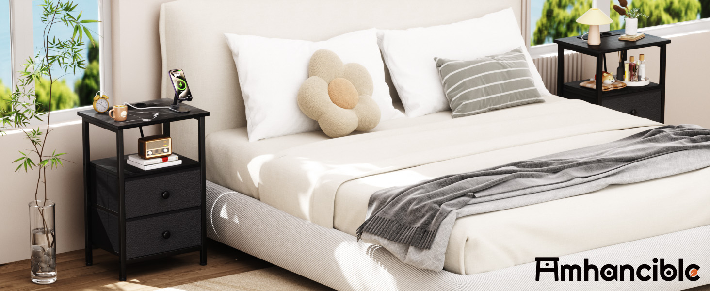 Нічний столик AMHANCIBLE з підзарядкою, приліжний столик з висувними ящиками з тканини, журнальний столик з відкритою полицею, з 2 USB-портами та 2 розетками, для спальні та вітальні, HETS020GY-1 (Чорний)