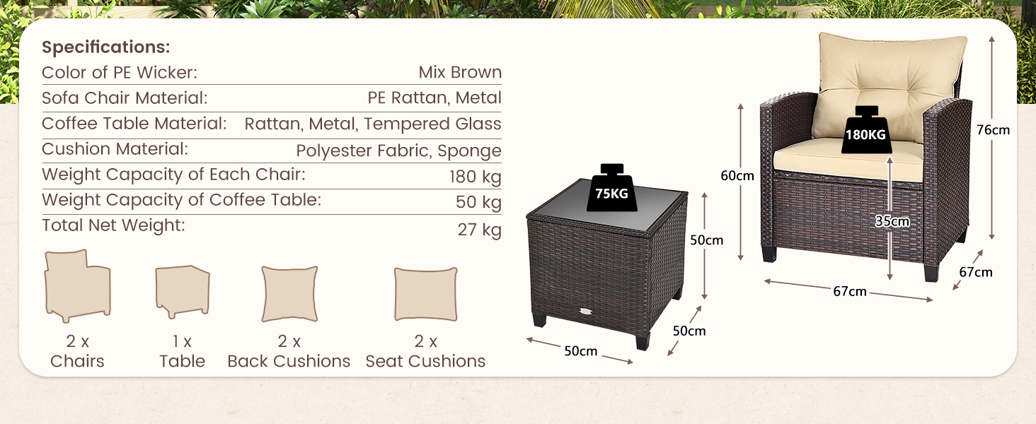 Набір садових меблів LIFEZEAL 3 предмети: 2 крісла та стіл з ротангу PE, чорний. Садовий комплект для тераси, балкона, саду з подушками