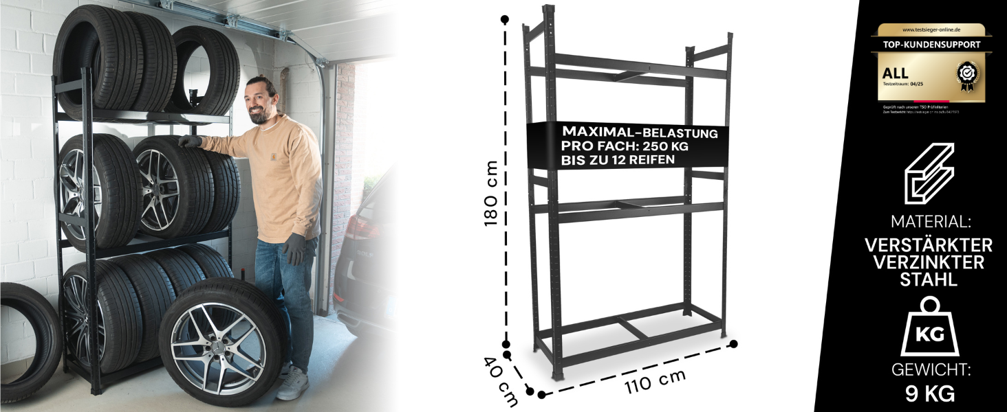Стійка для шин преміум-класу 100x110x40 см, вантажопідйомність 175 кг, економія місця, для гаража та складу (чорний, 12 шин)