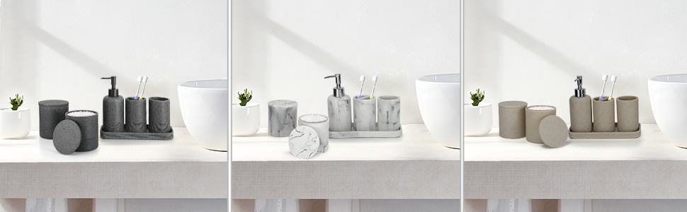 Набір для ванної кімнати ZCCZ 6 предметів: органайзер для зубних щіток, дозатор мила, миска для косметики та ватних паличок. Елегантний декор у мармуровій стилістиці, чорний колір для сучасного інтер'єру.