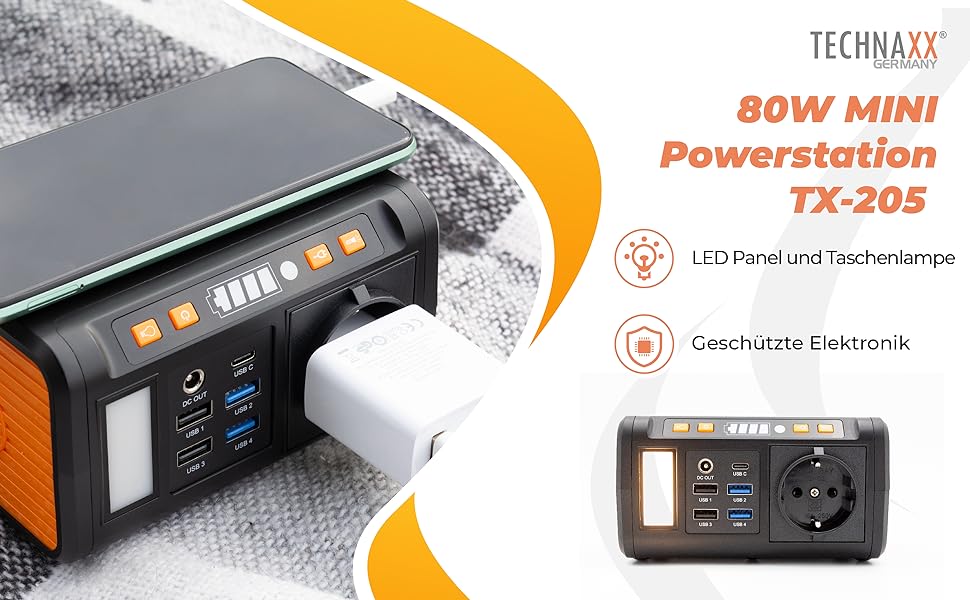 Портативна електростанція  світлодіодною панеллю, лампою, 5 X USB - 74 Втгод Powerbank 230 В із вбудованою розеткою для ноутбука, мобільного телефону, міні-холодильника тощо, сумісний із сонячними зарядними пристроями, 205