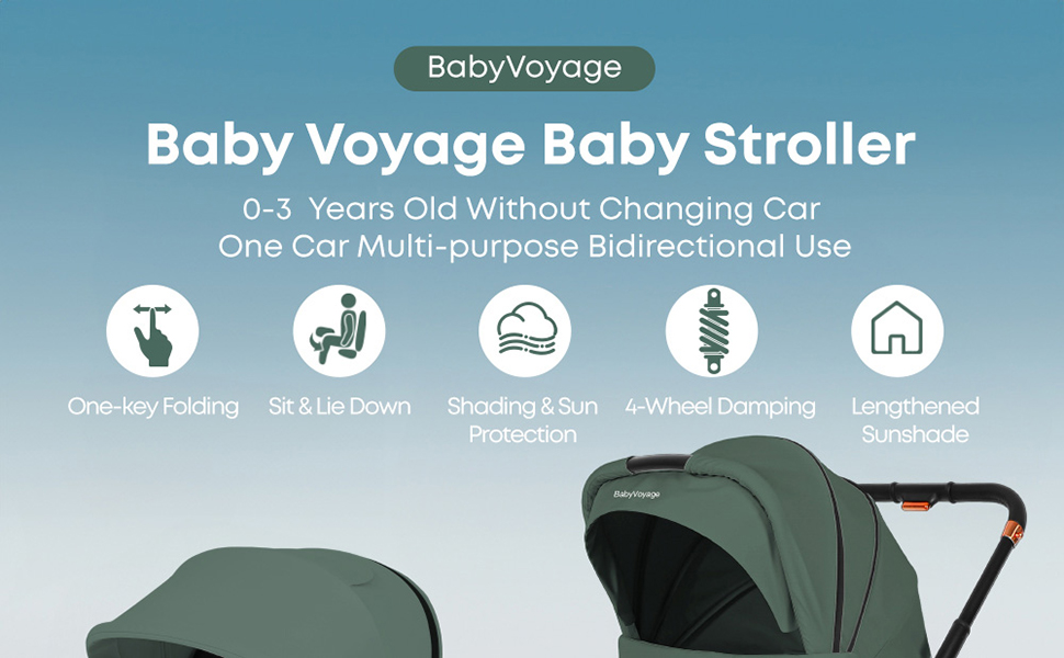 Дитяча коляска 2-в-1 BabyVoyage – комбінована коляска з люлькою та прогулянковим блоком, поворотні колеса 360°, амортизація, регульована ручка, складна конструкція, аксесуари, колір зелений