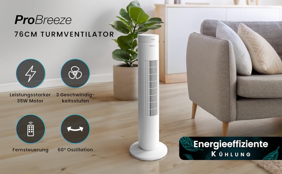 Турбовентилятор Pro Breeze з дистанційним керуванням, 76 см, осциляція 65°, таймер, 3 швидкості, тихий, для спальні та офісу, білий