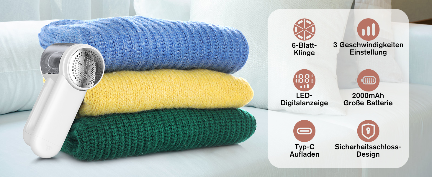 Електричний видальник ворсу Homtronics з USB-зарядкою, LED-дисплеєм та 6-кліновою головкою для одягу, диванів та килимів (білий)