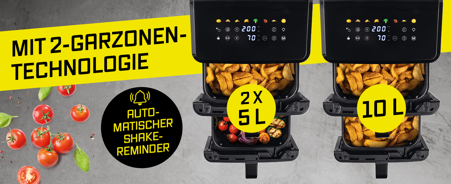 Аерофритюрниця GOURMETmaxx AirGenius 10Л з двома камерами по 5Л, сенсорним керуванням та 10 програмами приготування, подвійна чаша для родини до 8 осіб