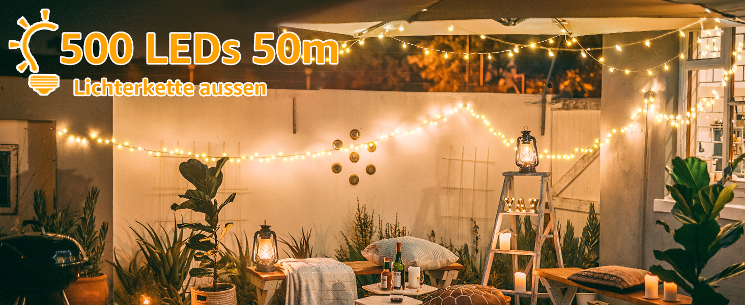 Світлодіодна гірлянда Ollny 50м, 500 LED ліхтарів, водонепроникна IP44 для вулиці та дому з вилкою